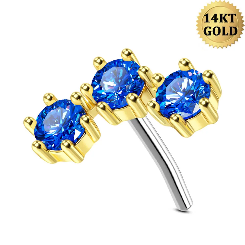 14K Solid Gold Gorgeous Triple CZ Push Pin Helix Earring