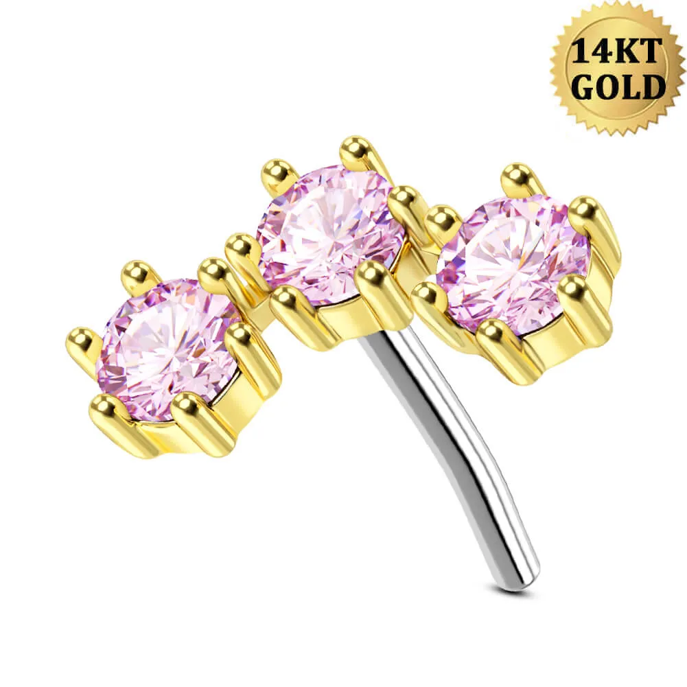14K Solid Gold Gorgeous Triple CZ Push Pin Helix Earring