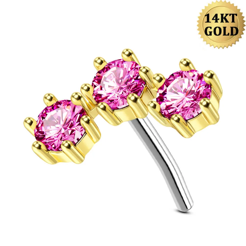 14K Solid Gold Gorgeous Triple CZ Push Pin Helix Earring