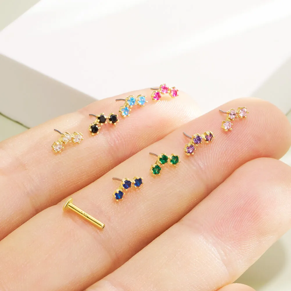 14K Solid Gold Gorgeous Triple CZ Push Pin Helix Earring