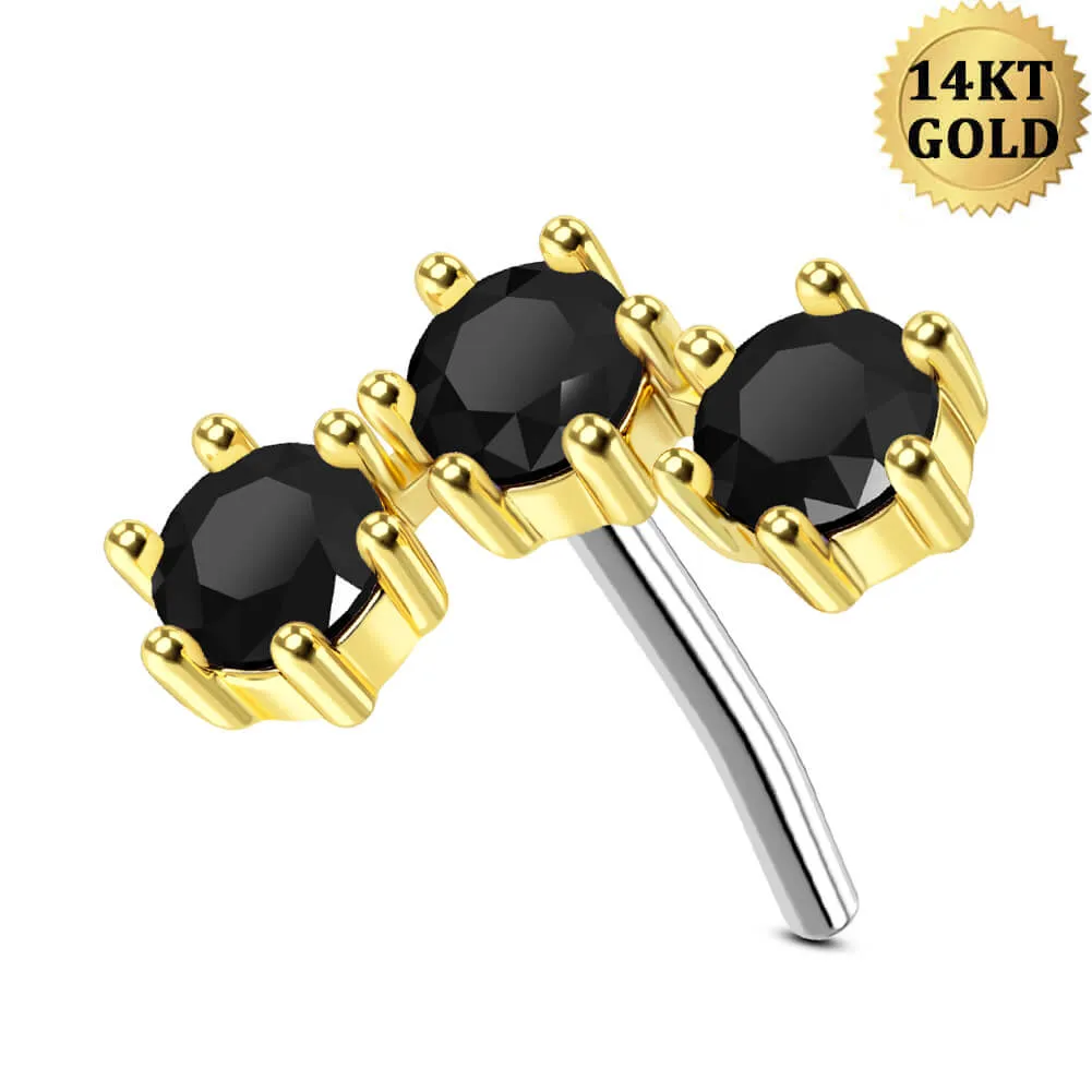 14K Solid Gold Gorgeous Triple CZ Push Pin Helix Earring