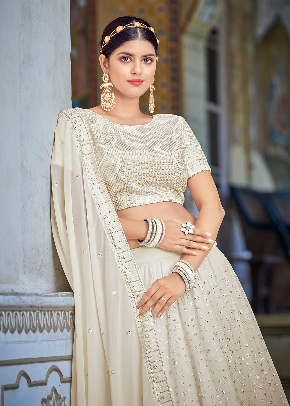 A Line Off White Trendy Sequins Embroidered Wedding Lehenga