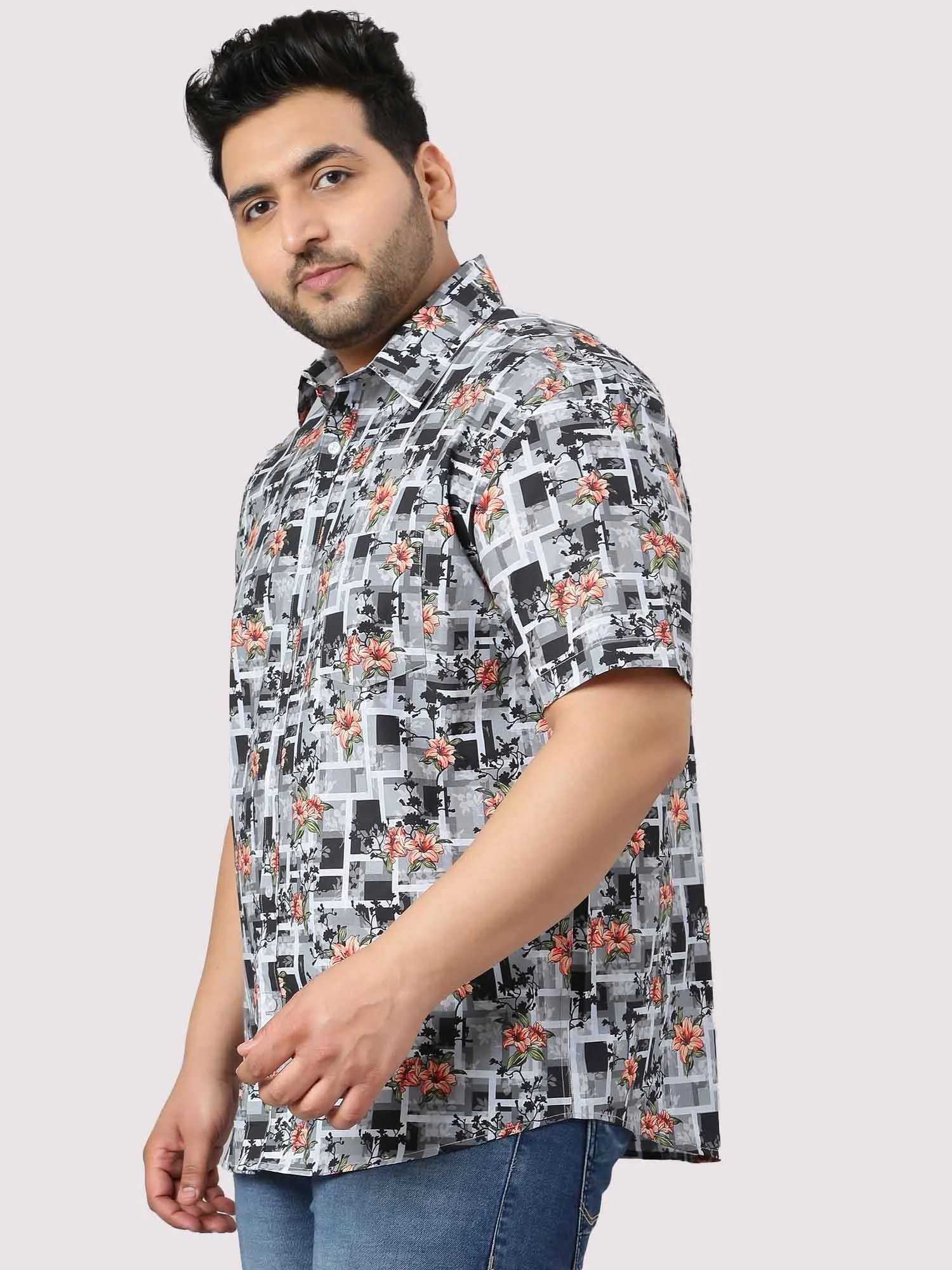 Abstract Flower Printed Half Sleeve Shirt Men's Plus Size