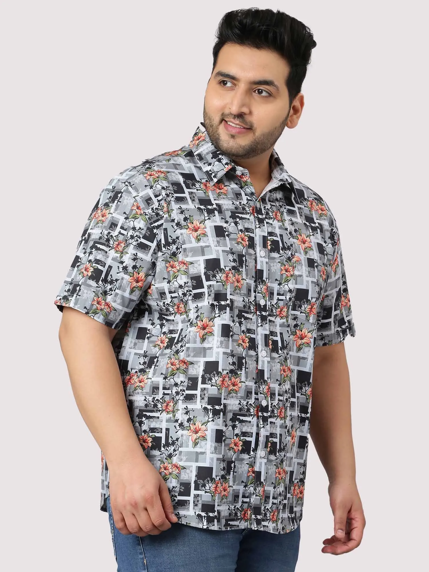 Abstract Flower Printed Half Sleeve Shirt Men's Plus Size