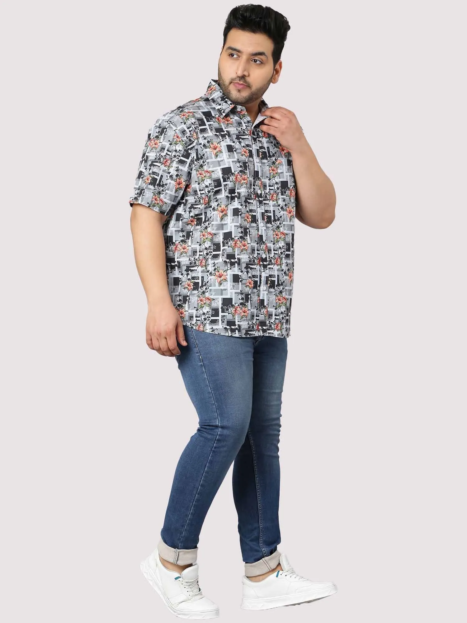Abstract Flower Printed Half Sleeve Shirt Men's Plus Size