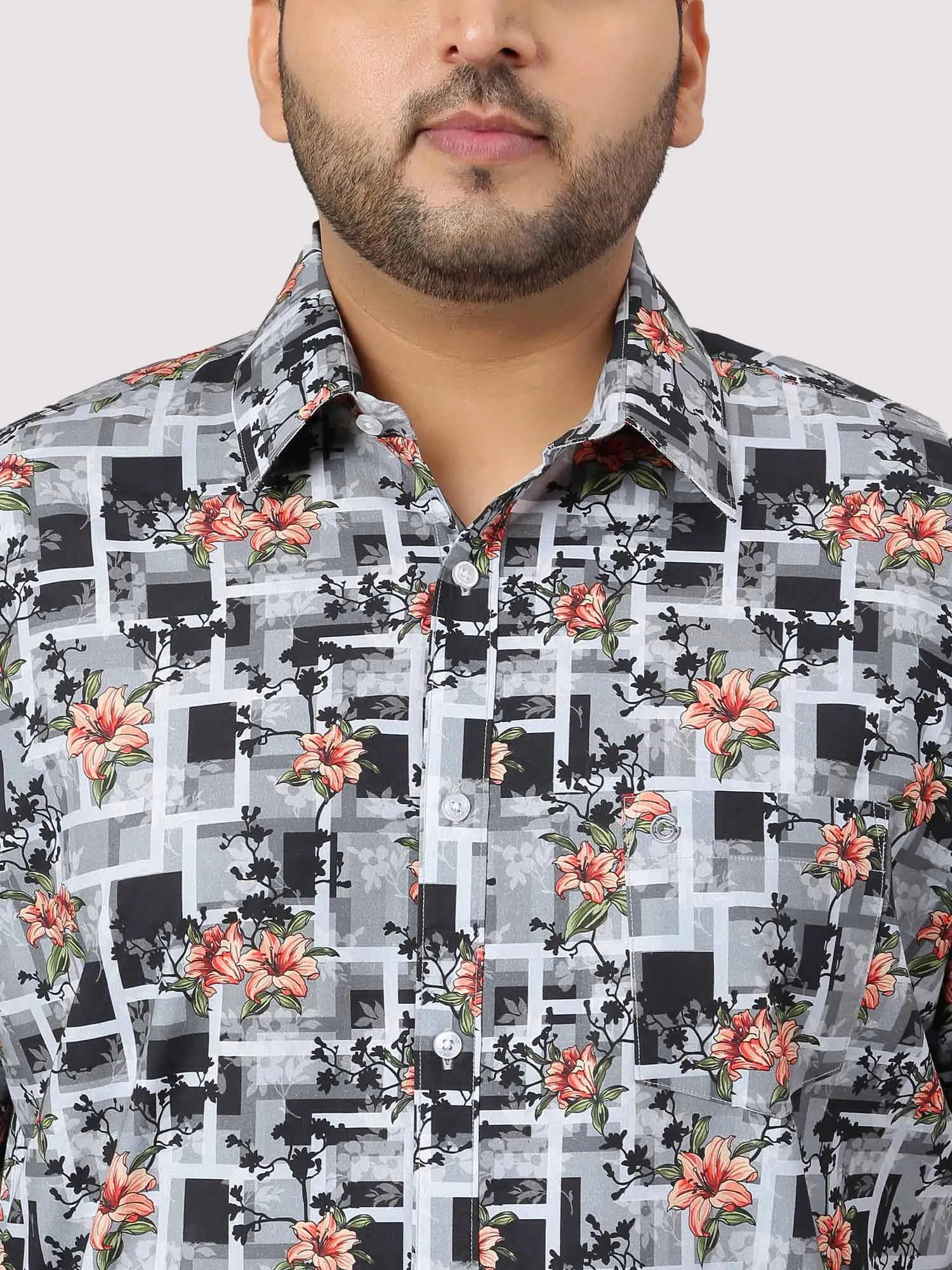 Abstract Flower Printed Half Sleeve Shirt Men's Plus Size