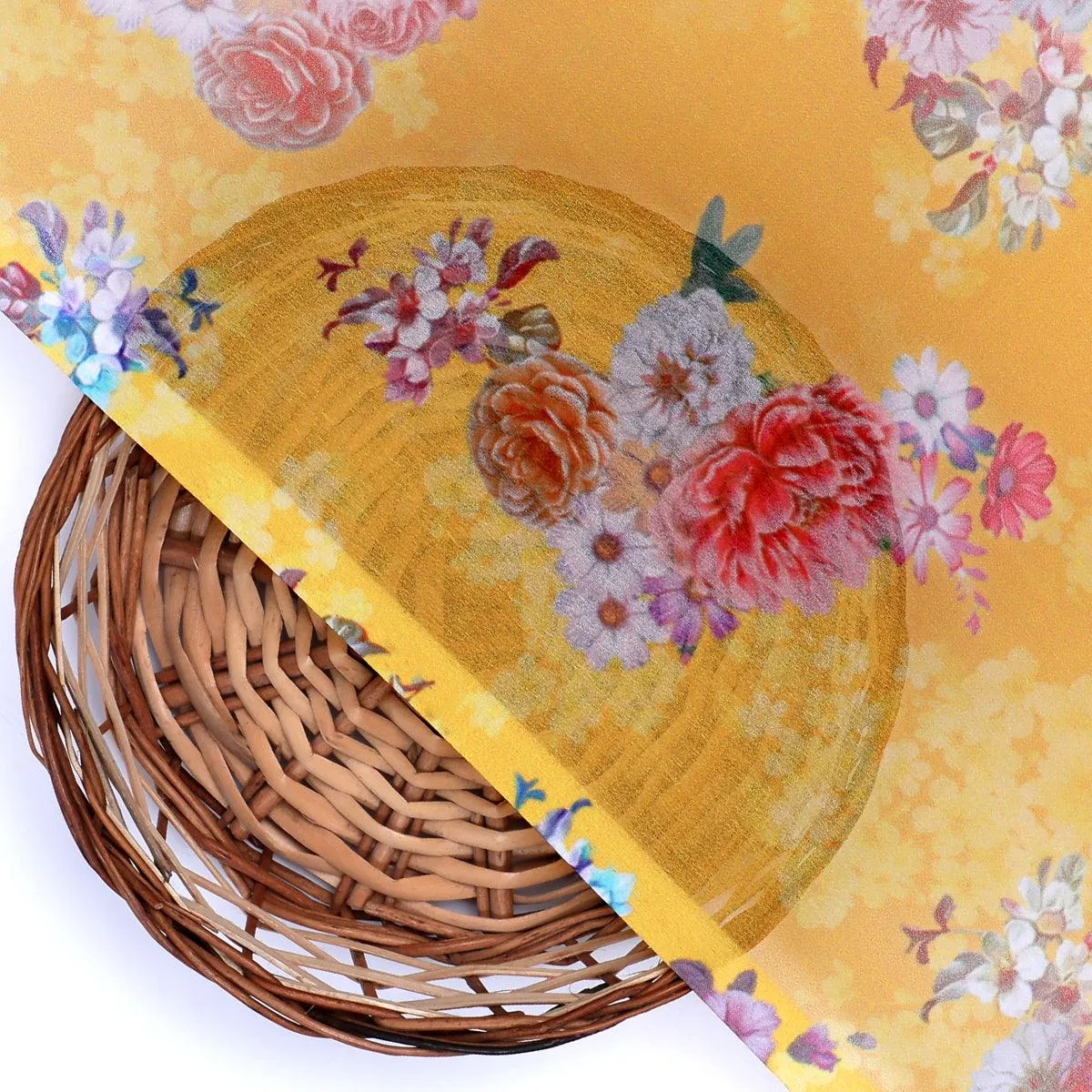 Beautiful Yellow Base Floral Bunch Digital Printed Fabric