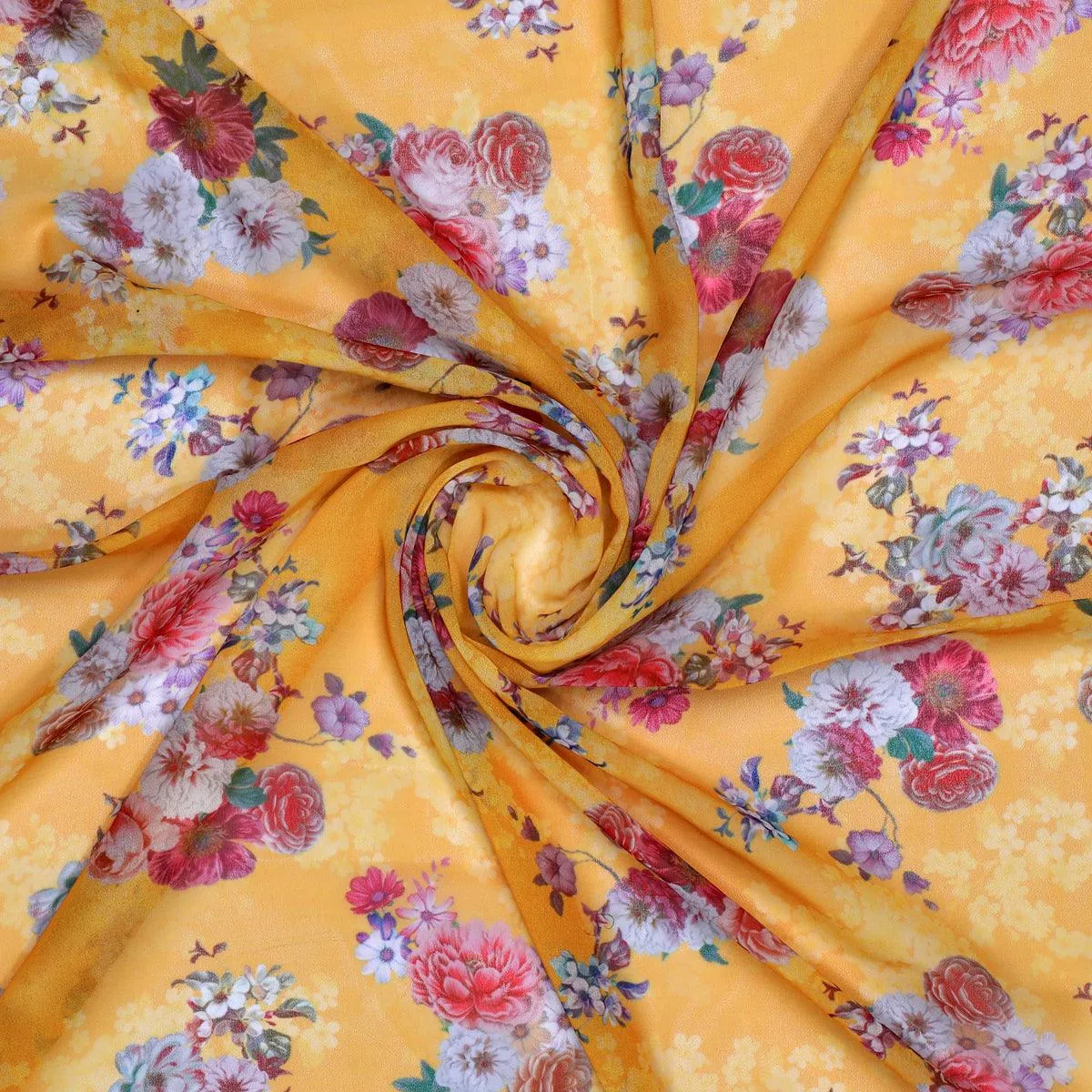 Beautiful Yellow Base Floral Bunch Digital Printed Fabric