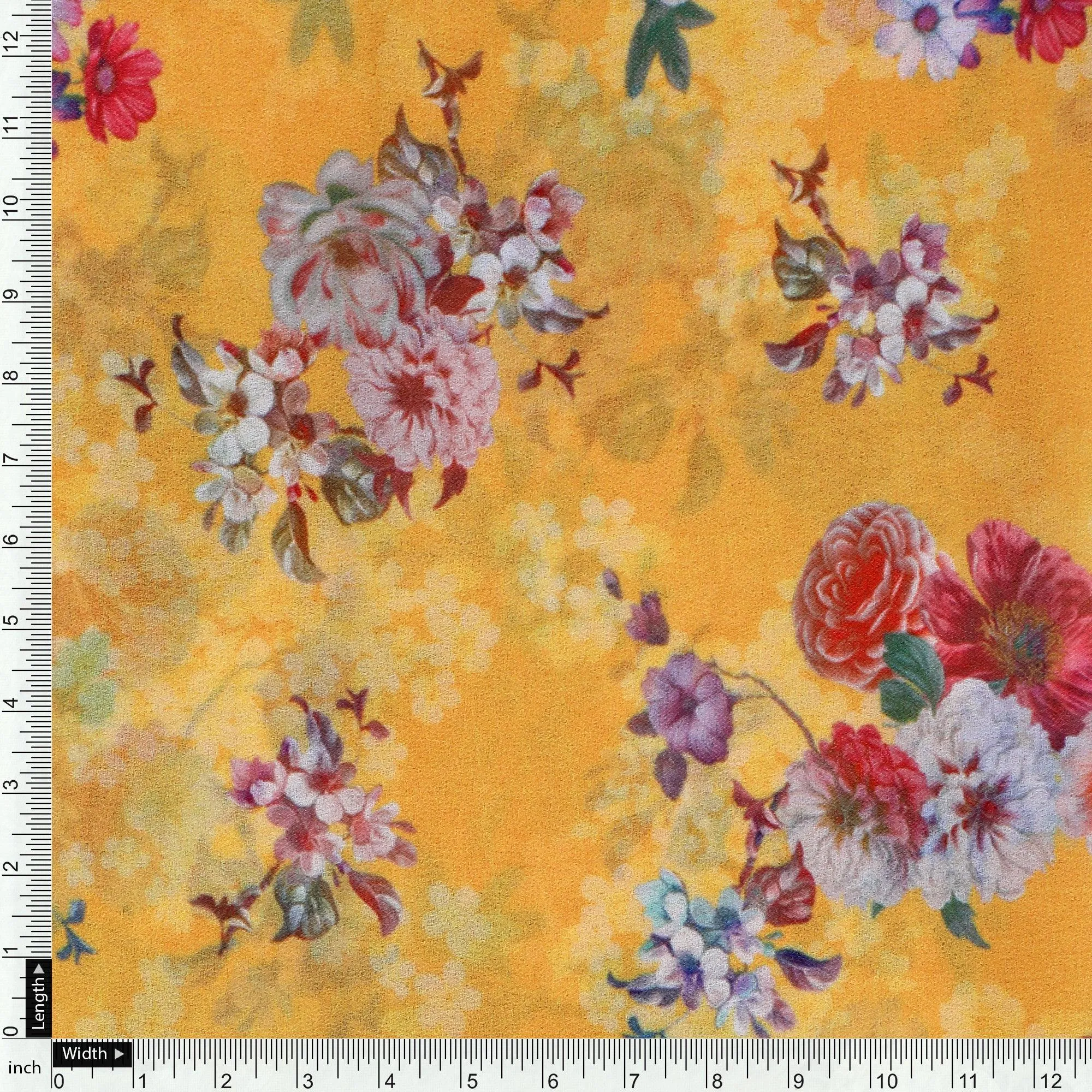 Beautiful Yellow Base Floral Bunch Digital Printed Fabric