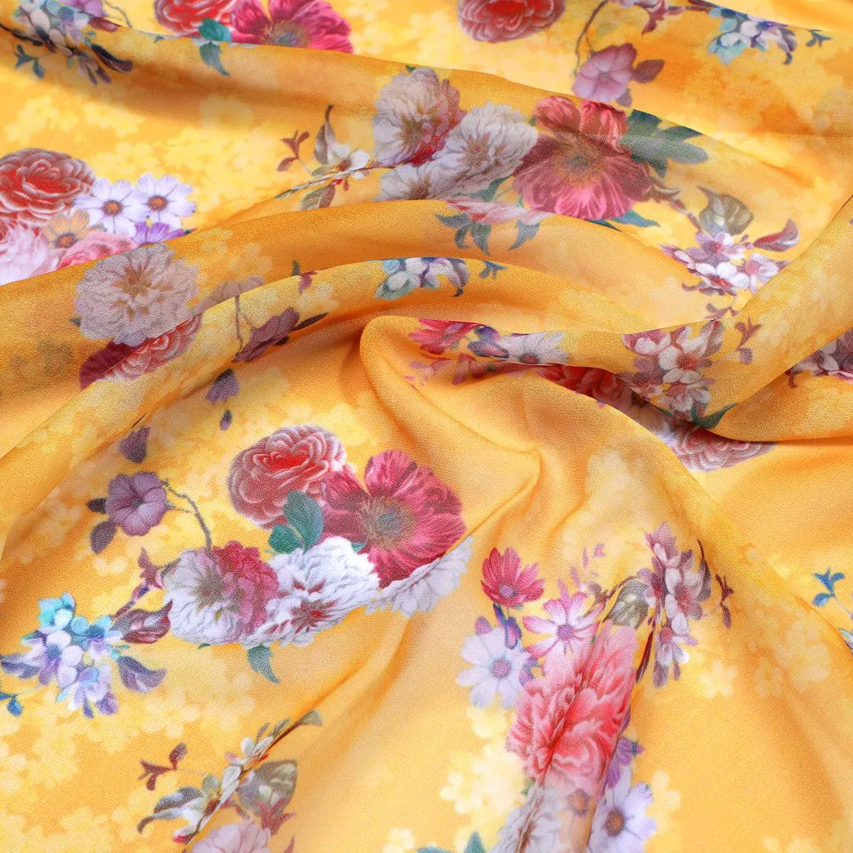 Beautiful Yellow Base Floral Bunch Digital Printed Fabric