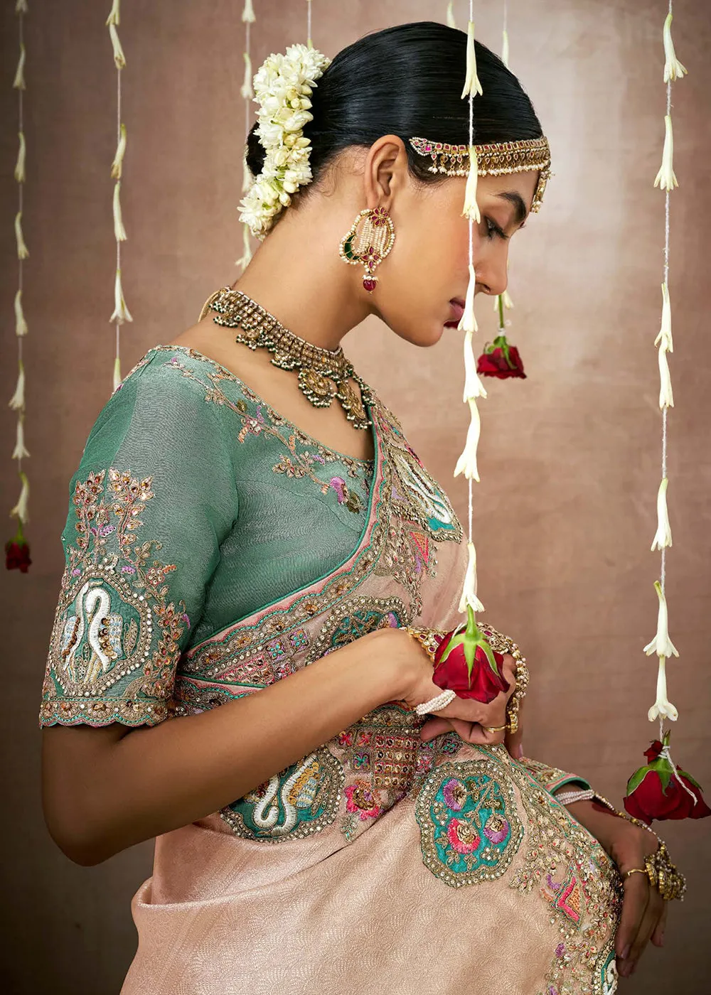 Creamy Peach Embroidered Silk Wedding Wear Saree