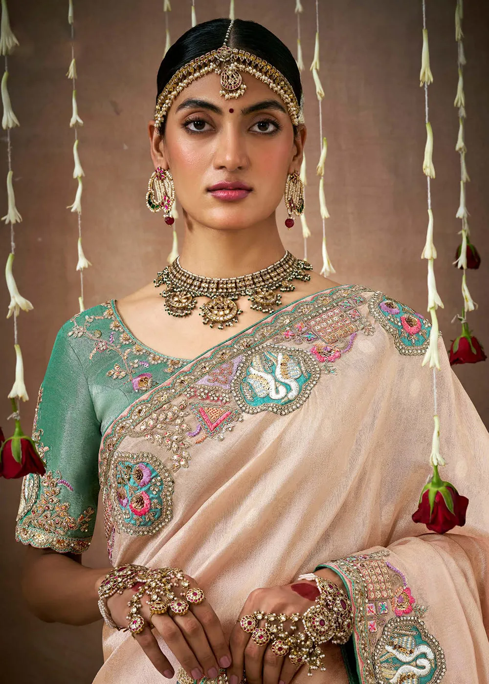 Creamy Peach Embroidered Silk Wedding Wear Saree