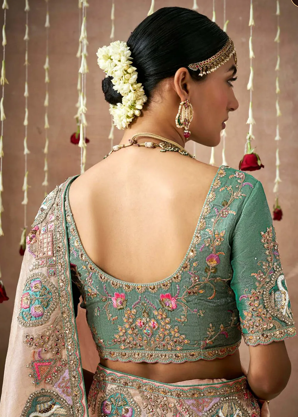 Creamy Peach Embroidered Silk Wedding Wear Saree