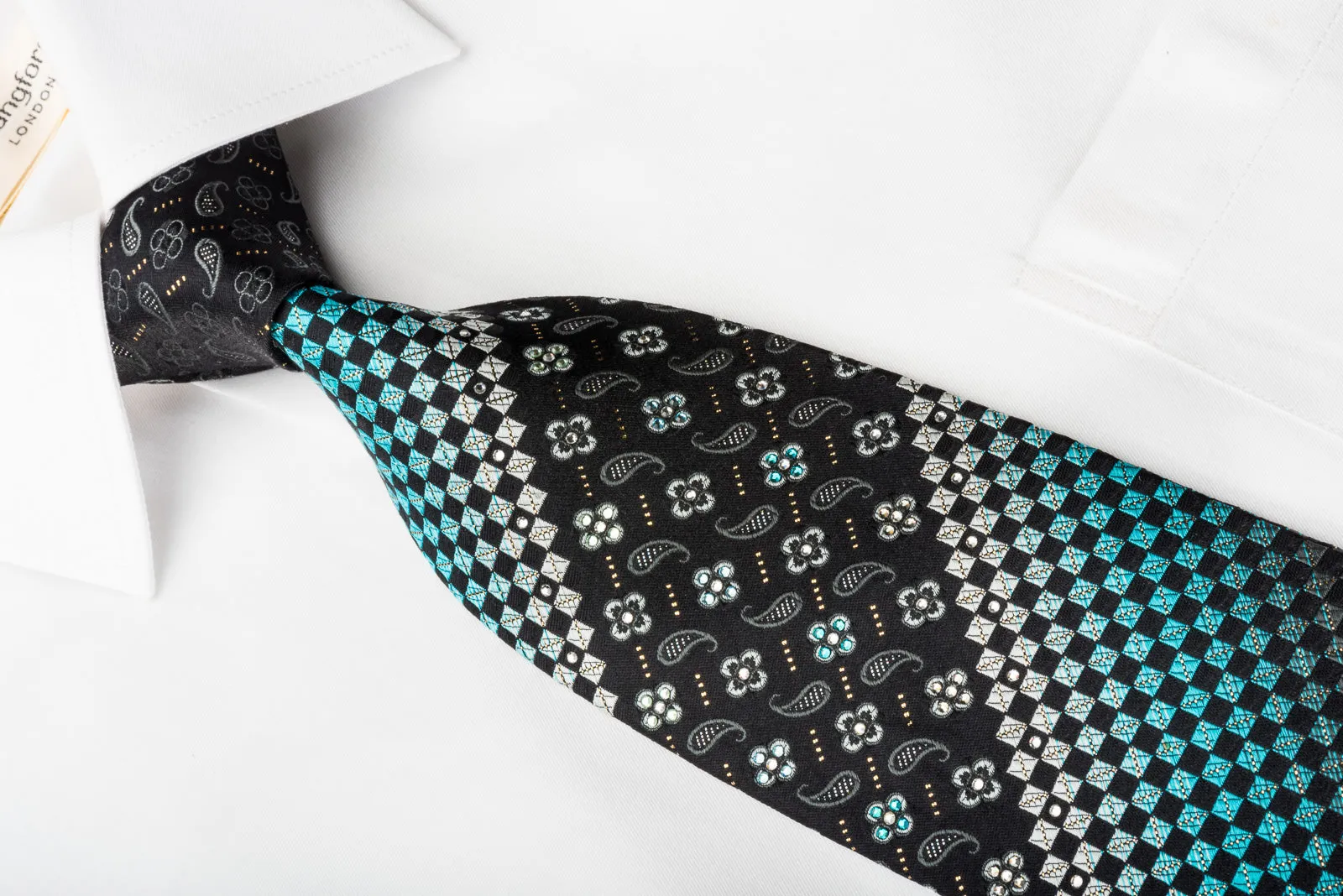 Daks Rhinestone Silk Necktie Paisley Floral Checker On Blue With Silver Sparkles