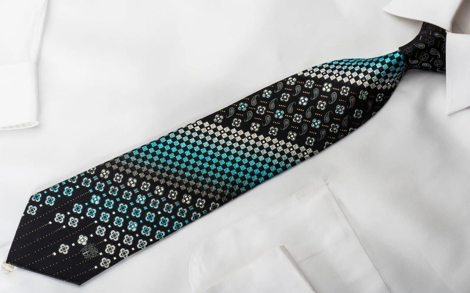 Daks Rhinestone Silk Necktie Paisley Floral Checker On Blue With Silver Sparkles