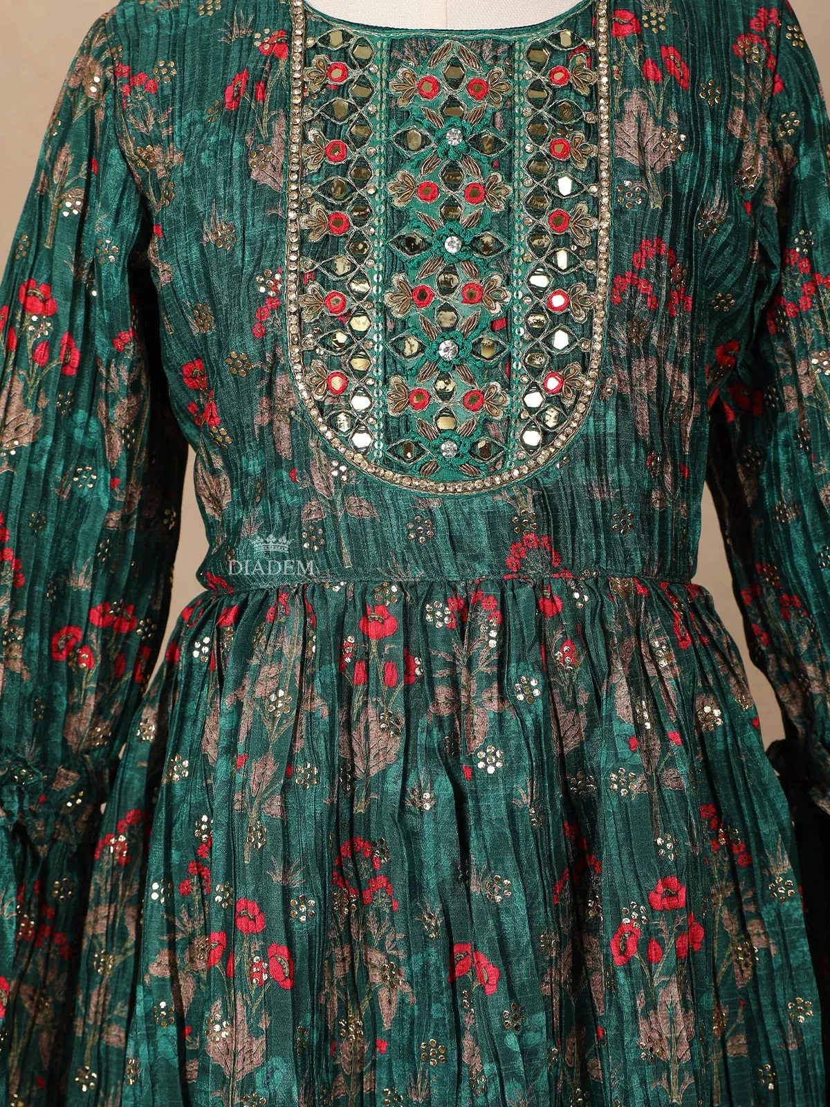 Dark Green Georgette Sharara Suit with Floral Prints, Paired with Dupatta