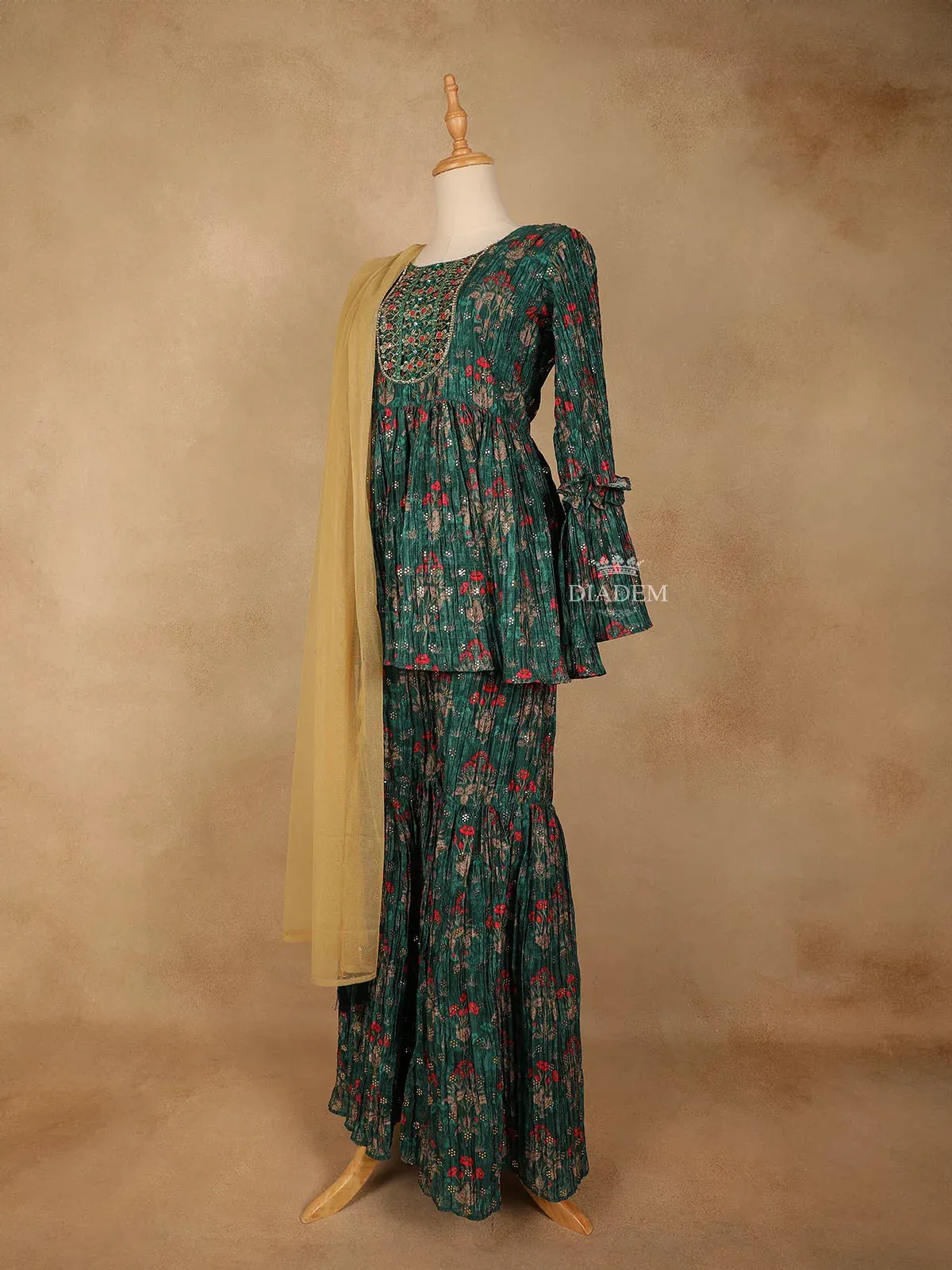 Dark Green Georgette Sharara Suit with Floral Prints, Paired with Dupatta