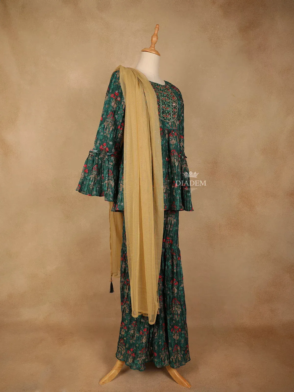 Dark Green Georgette Sharara Suit with Floral Prints, Paired with Dupatta