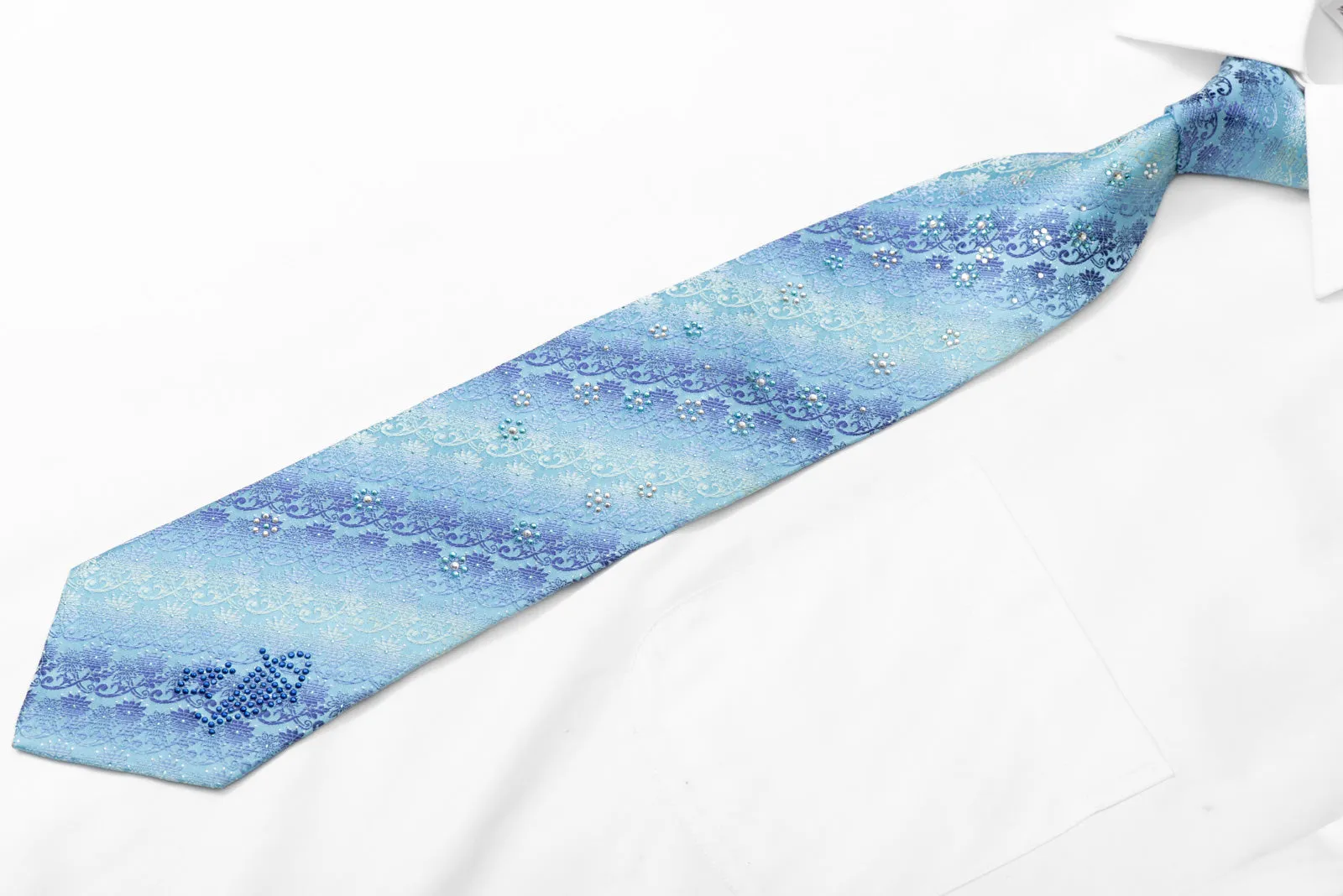Floral On Blue Rhinestone Silk Necktie With Silver Sparkles