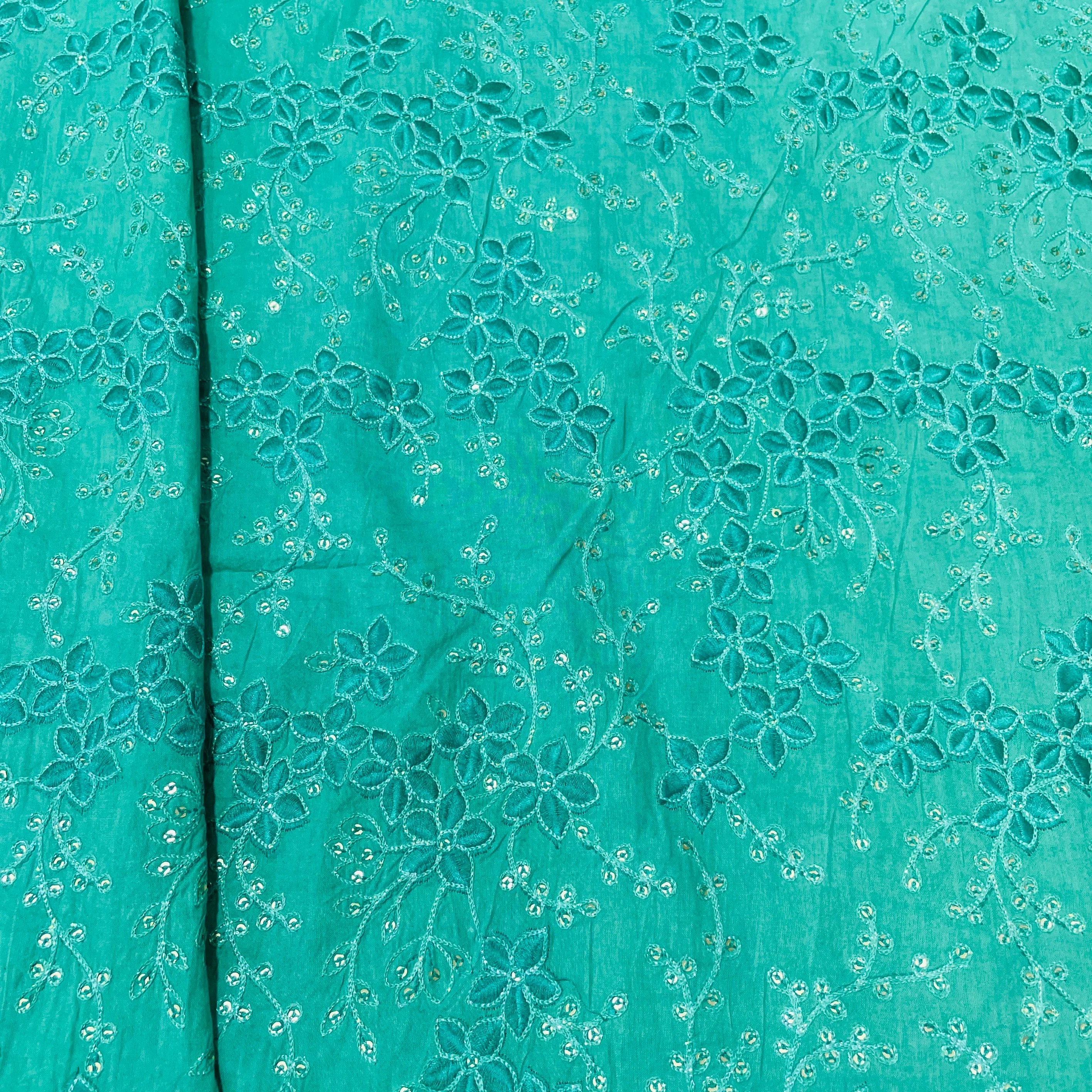 Green Floral Sequins Embroidery Cotton Fabric