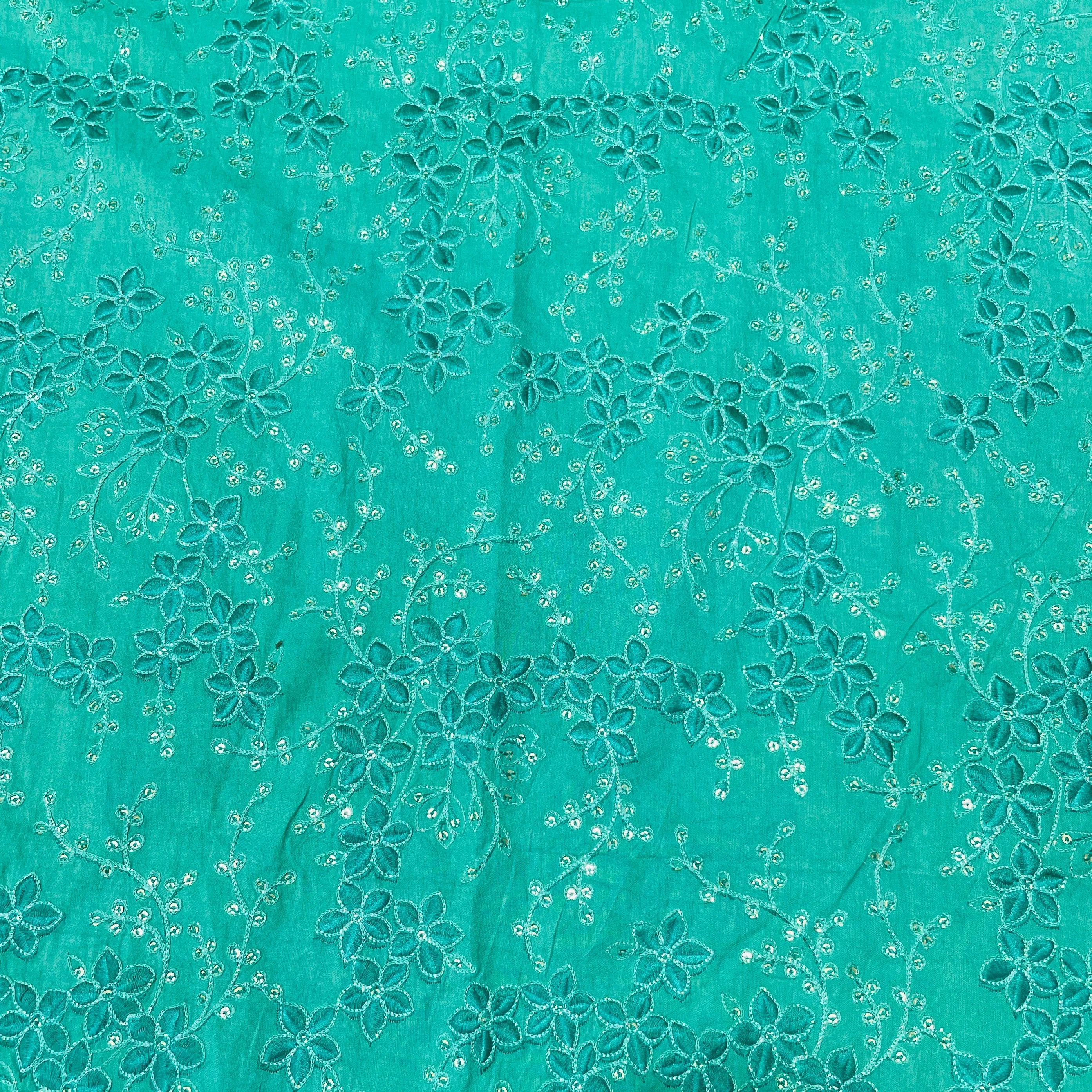 Green Floral Sequins Embroidery Cotton Fabric