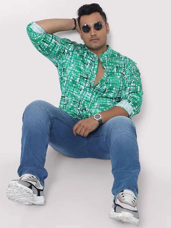 Green Mozaic Printed Chinese Collar Men's Plus Size Full Shirt