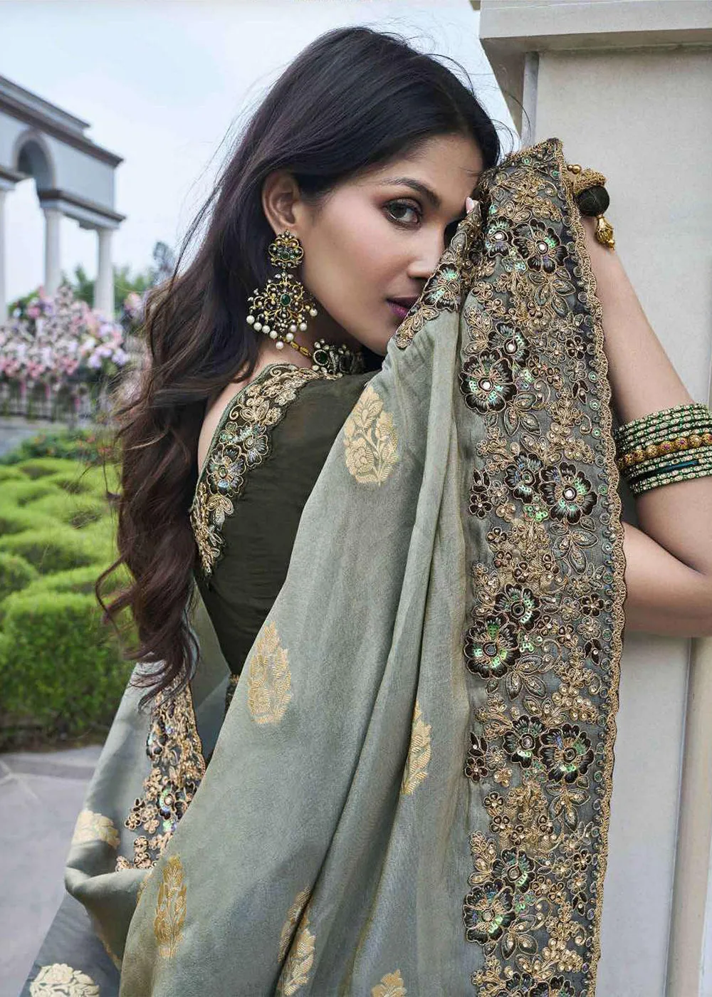 Grey Viscose Silk Embroidered Designer Wedding Saree
