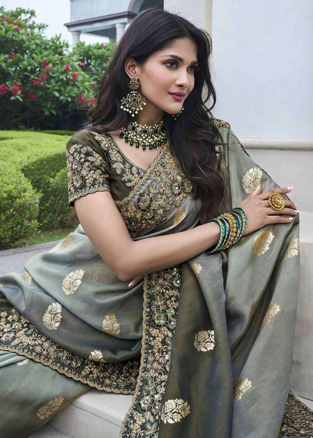 Grey Viscose Silk Embroidered Designer Wedding Saree
