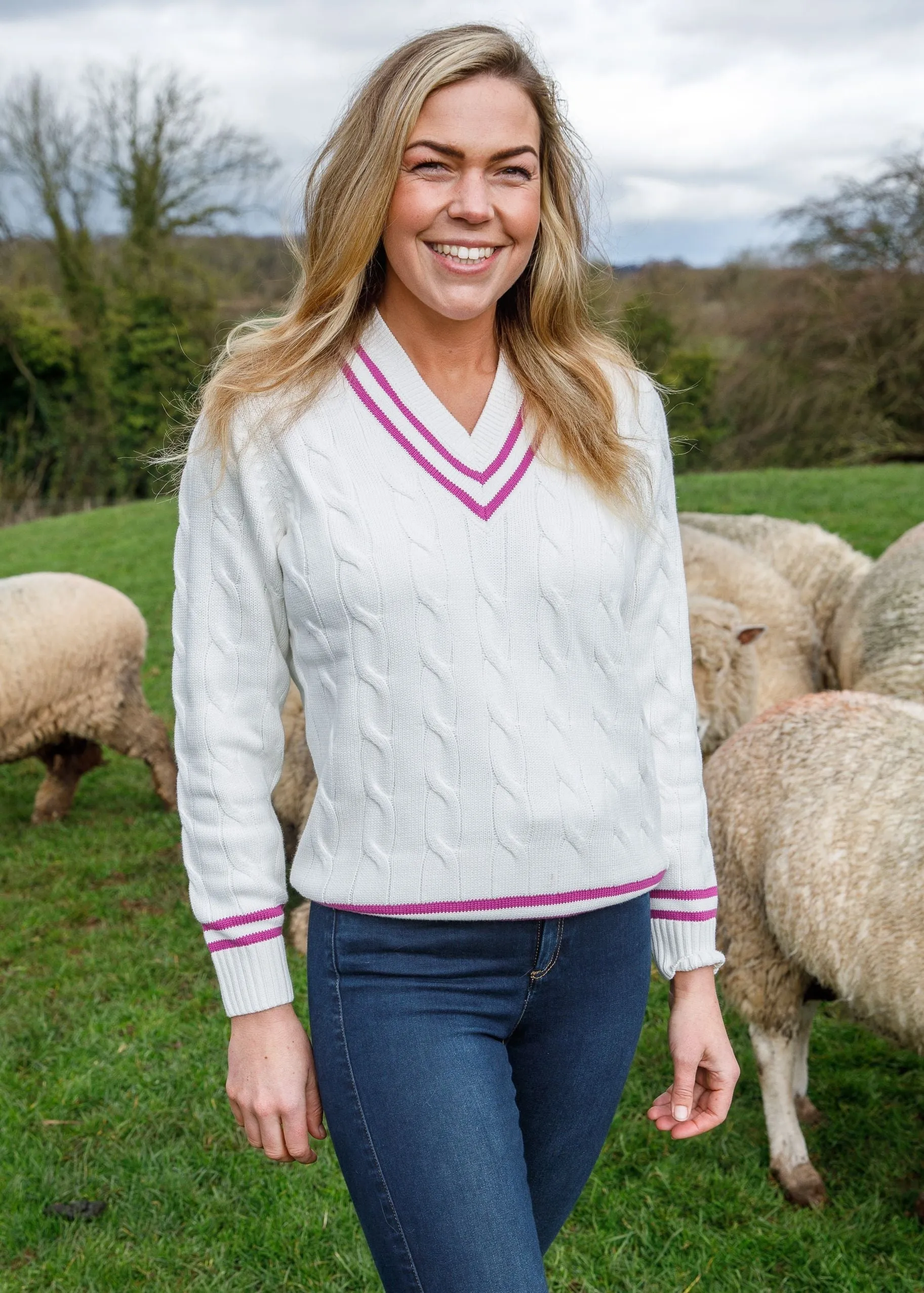Heather Ladies Cable Knit Cricket Jumper In Ecru