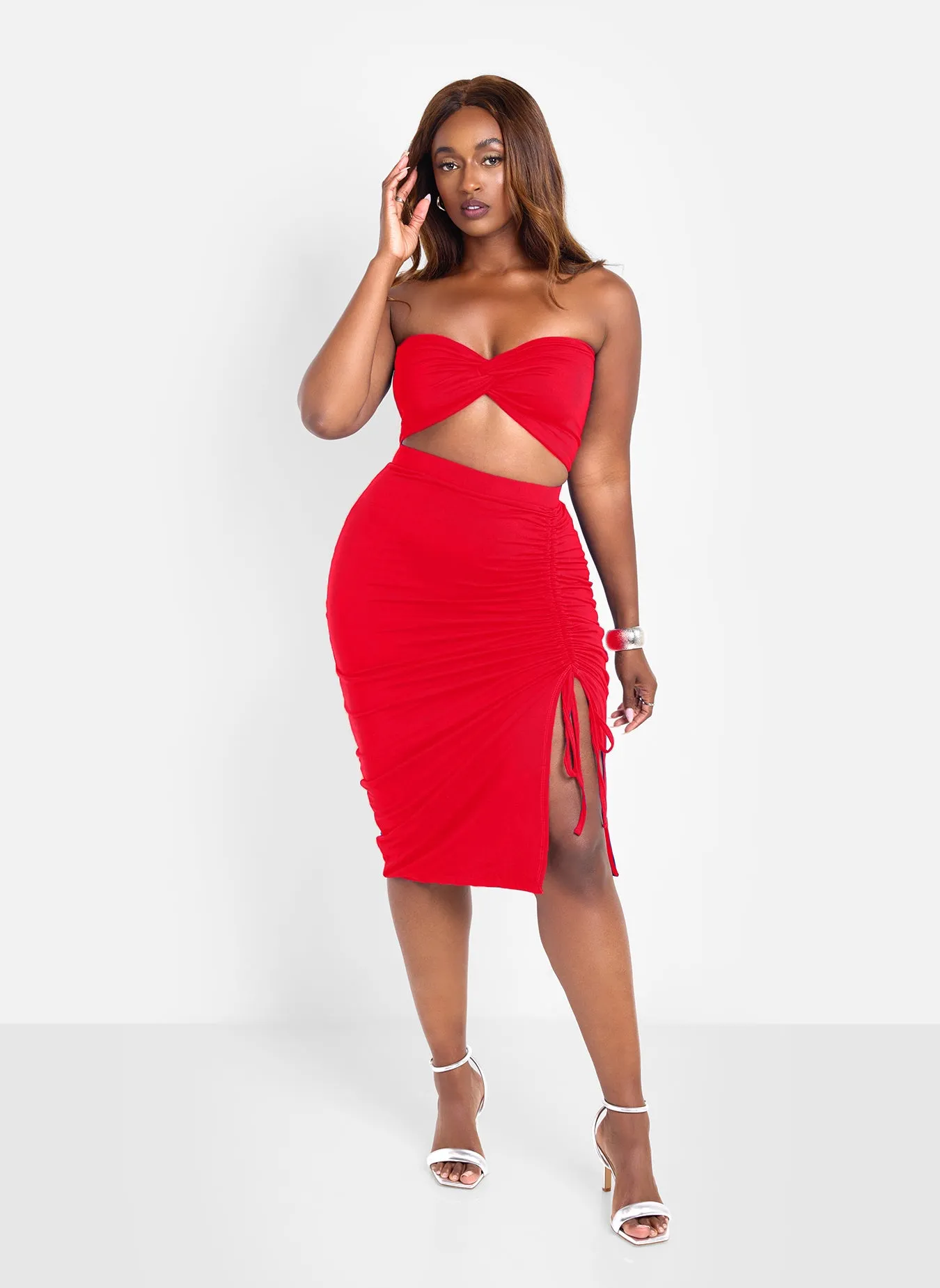 Jaycie Ruched Midi Skirt - Red