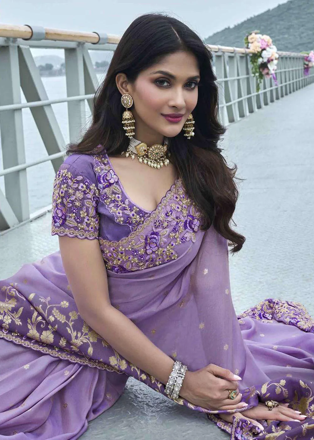 Lavender Viscose Silk Embroidered Designer Wedding Saree
