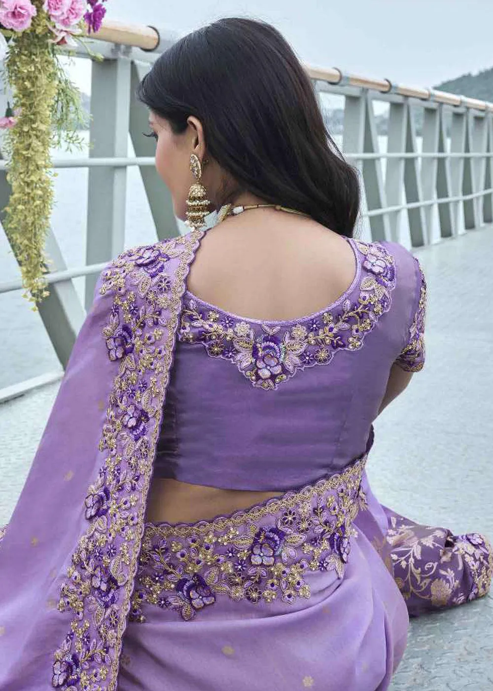Lavender Viscose Silk Embroidered Designer Wedding Saree
