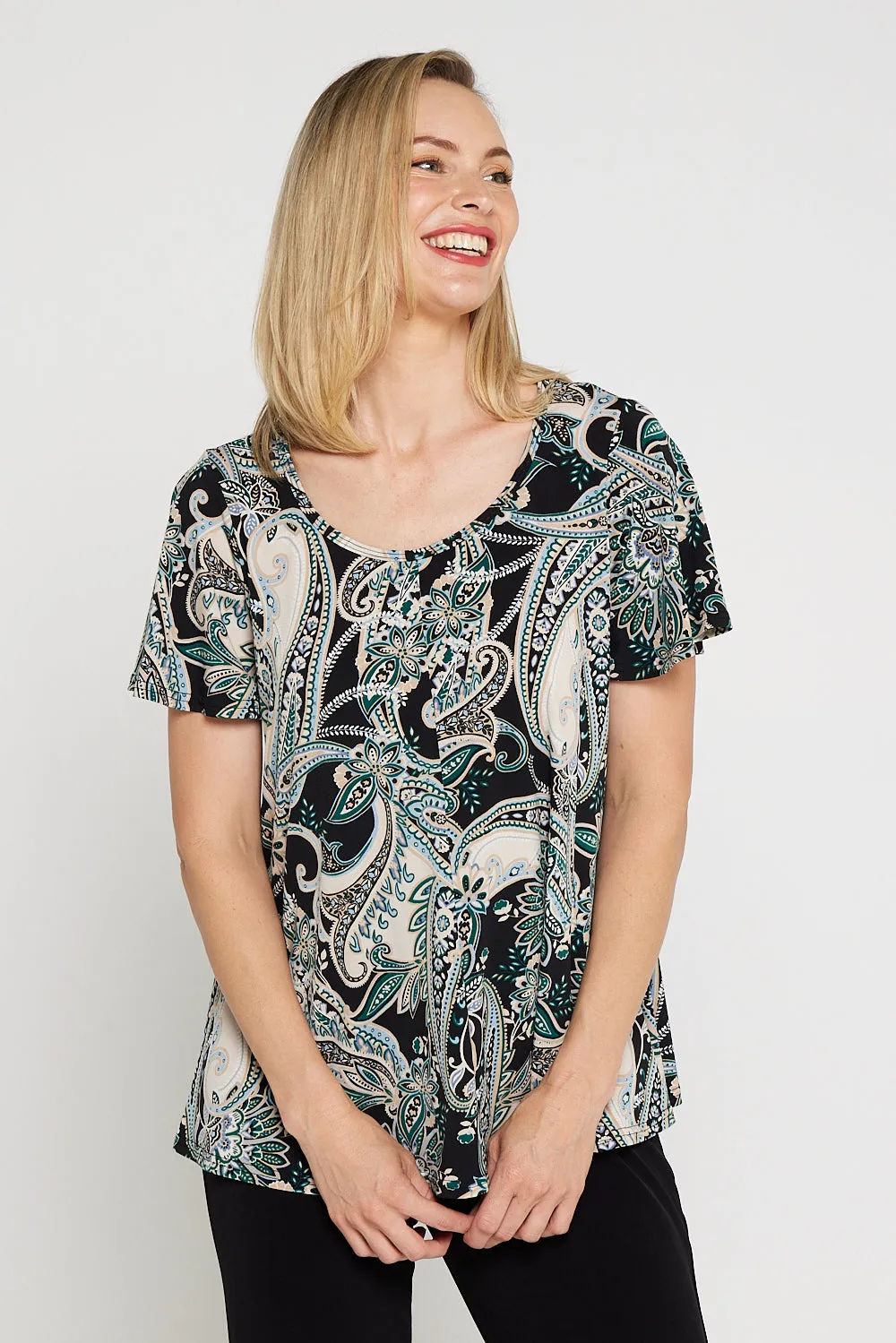 Melinda Top - Black Mint Paisley
