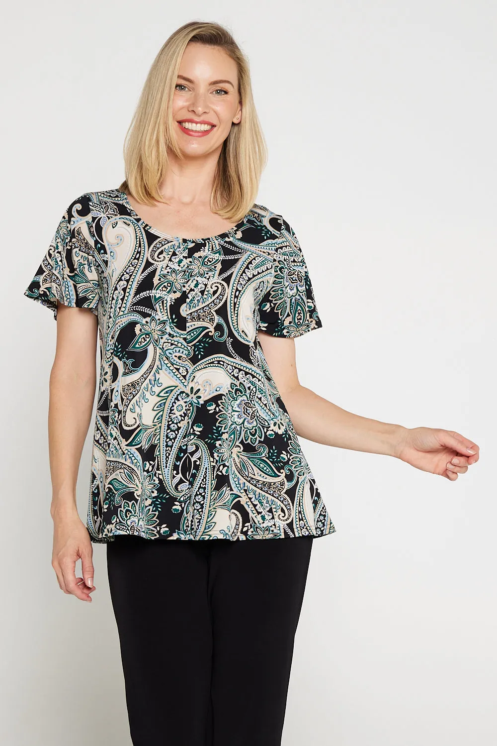 Melinda Top - Black Mint Paisley