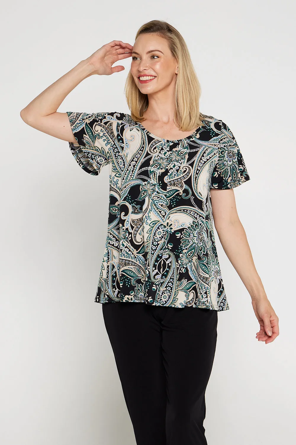 Melinda Top - Black Mint Paisley