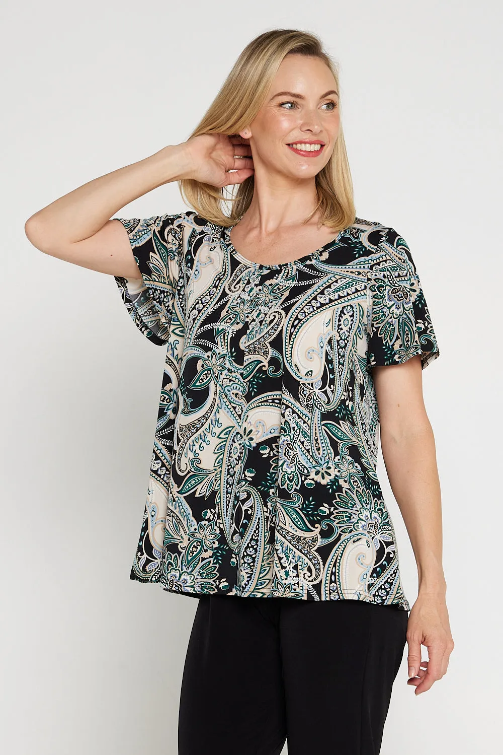 Melinda Top - Black Mint Paisley