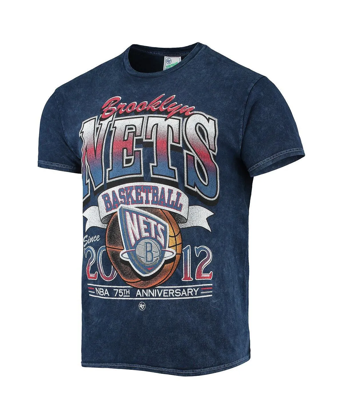 Men's t-shirt '47 navy brooklyn nets 75th anniversary city edition mineral wash vintage-look tubular tshirt '47 Brand, blue