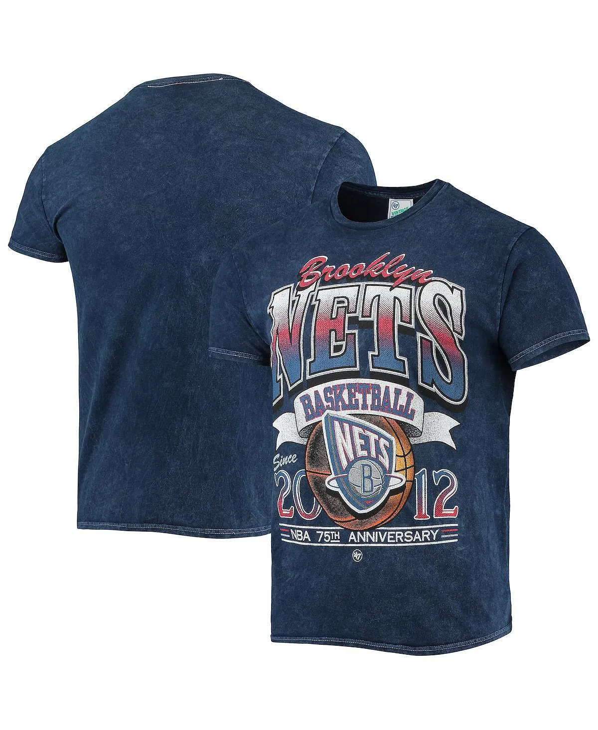 Men's t-shirt '47 navy brooklyn nets 75th anniversary city edition mineral wash vintage-look tubular tshirt '47 Brand, blue