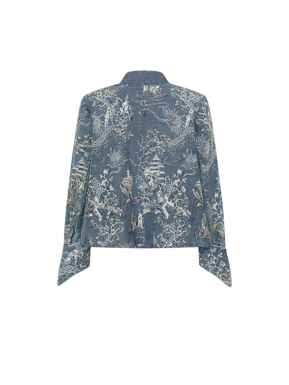 MUKZIN Linglong“Denim Series”Small A-Line Heavy Sequin Embroidered Denim Jacket