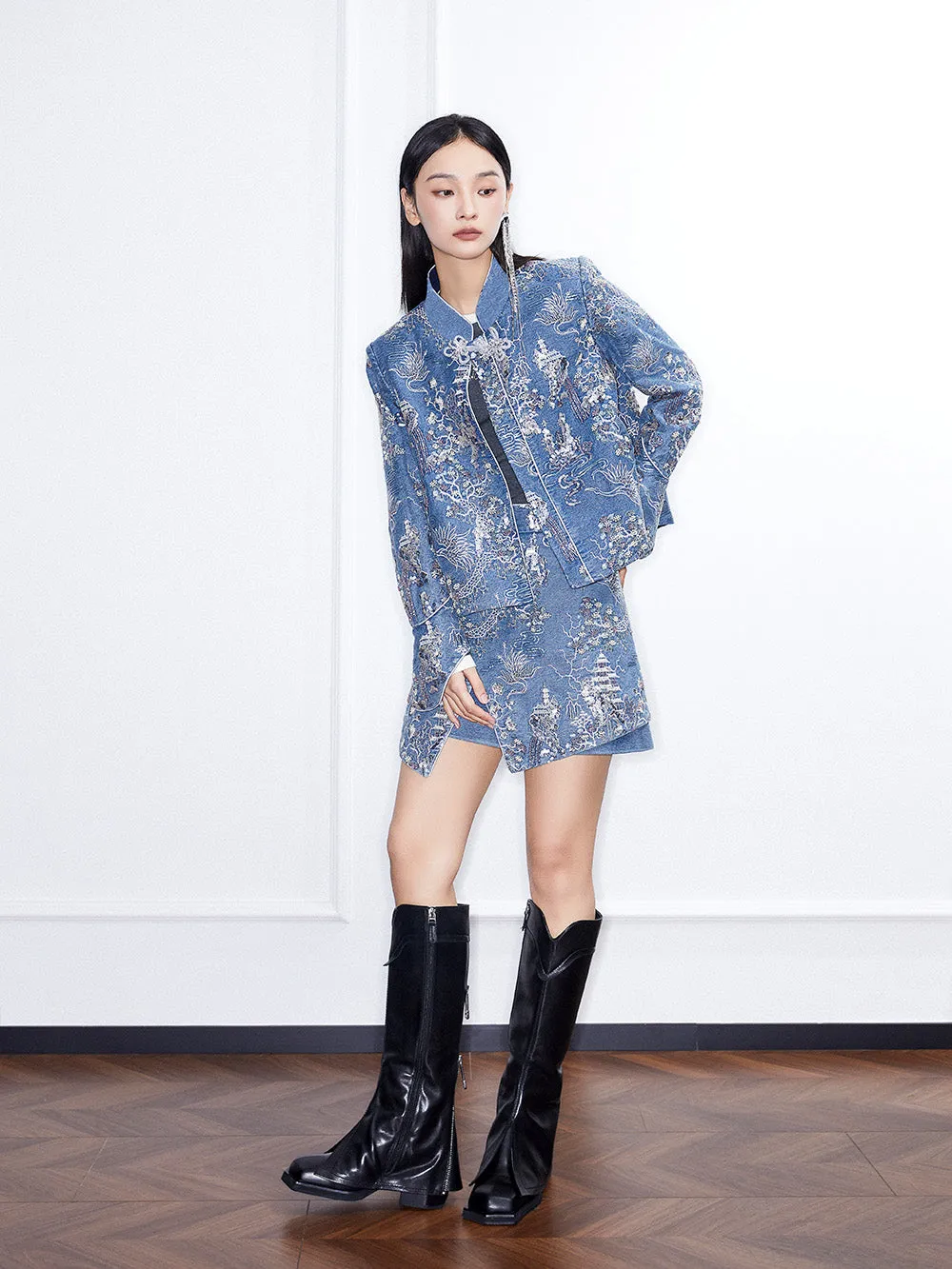 MUKZIN Linglong“Denim Series”Small A-Line Heavy Sequin Embroidered Denim Jacket