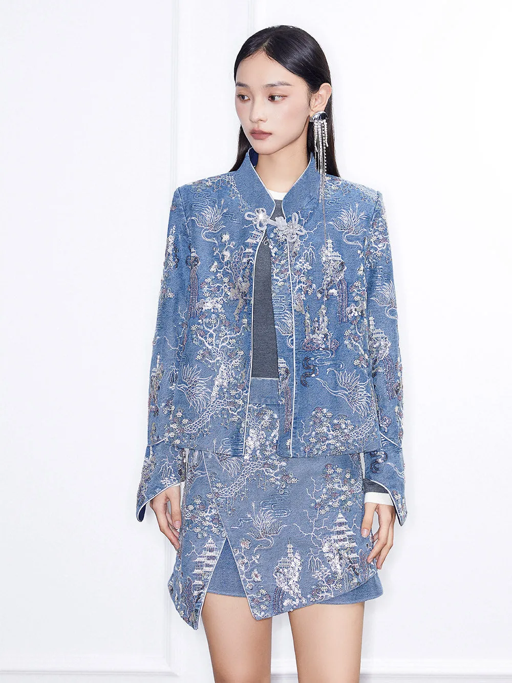 MUKZIN Linglong“Denim Series”Small A-Line Heavy Sequin Embroidered Denim Jacket