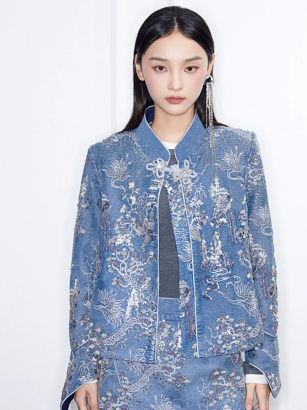 MUKZIN Linglong“Denim Series”Small A-Line Heavy Sequin Embroidered Denim Jacket