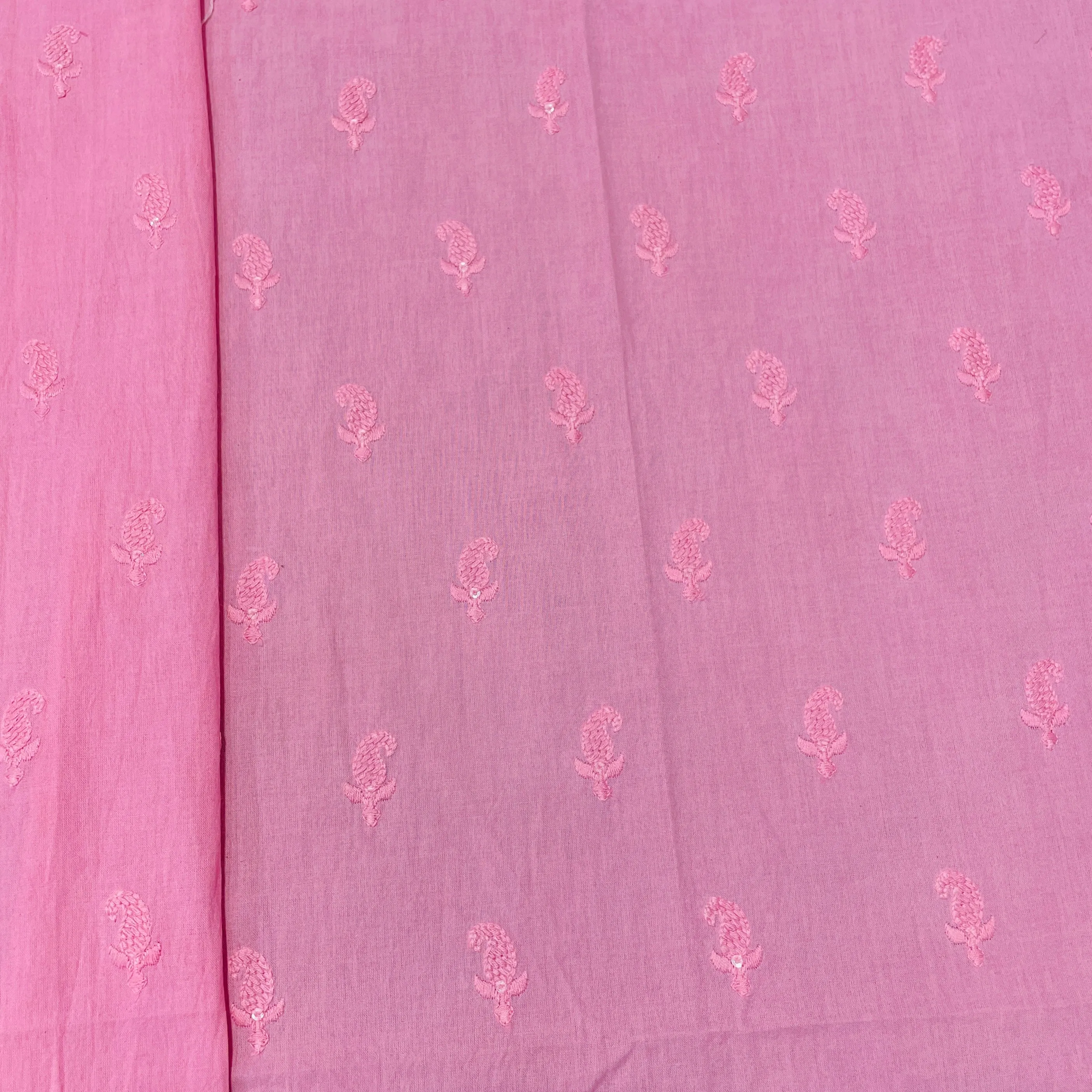 Pink Paisley Sequins Embroidery Cotton Fabric