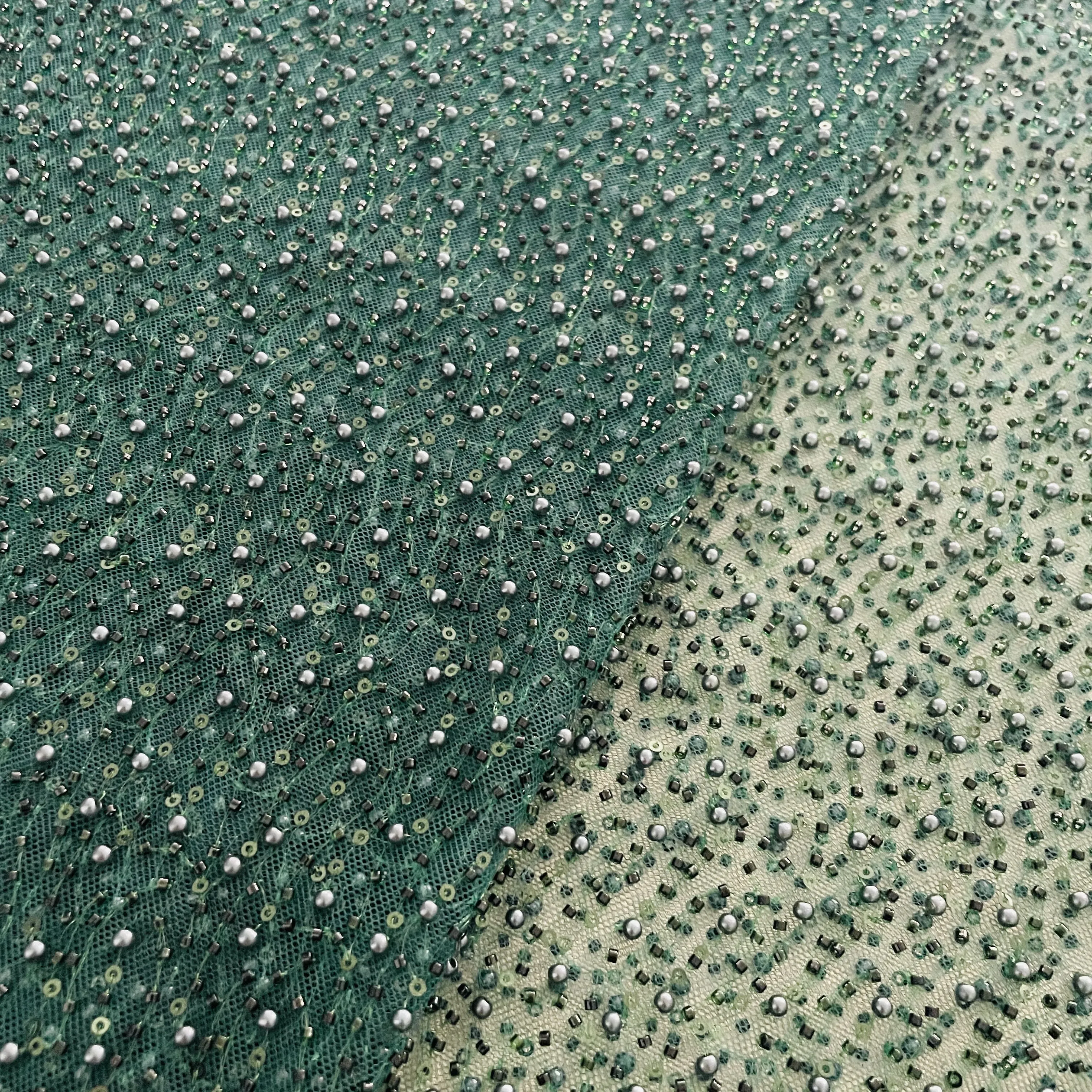 Premium Green Heavy Pearl CutDana Embroidery Power Net Fabric