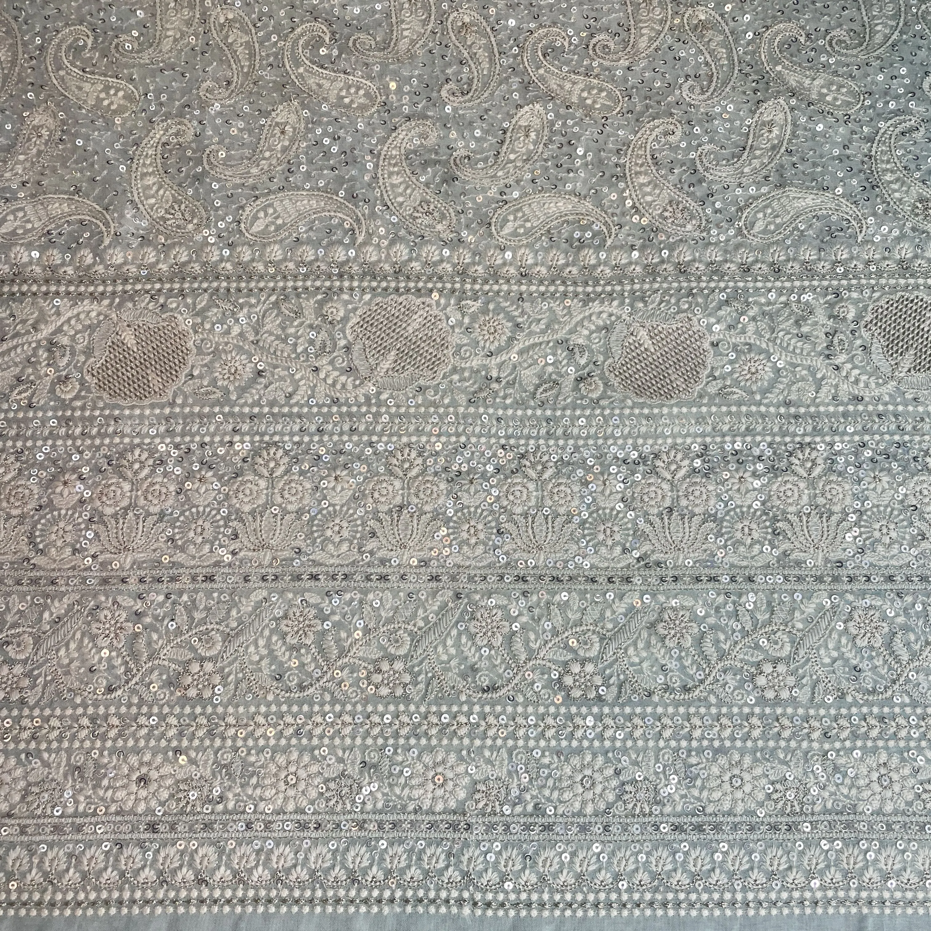 Premium  Mint Green Paisley Sequence Embroidery Georgette Chikankari Fabric