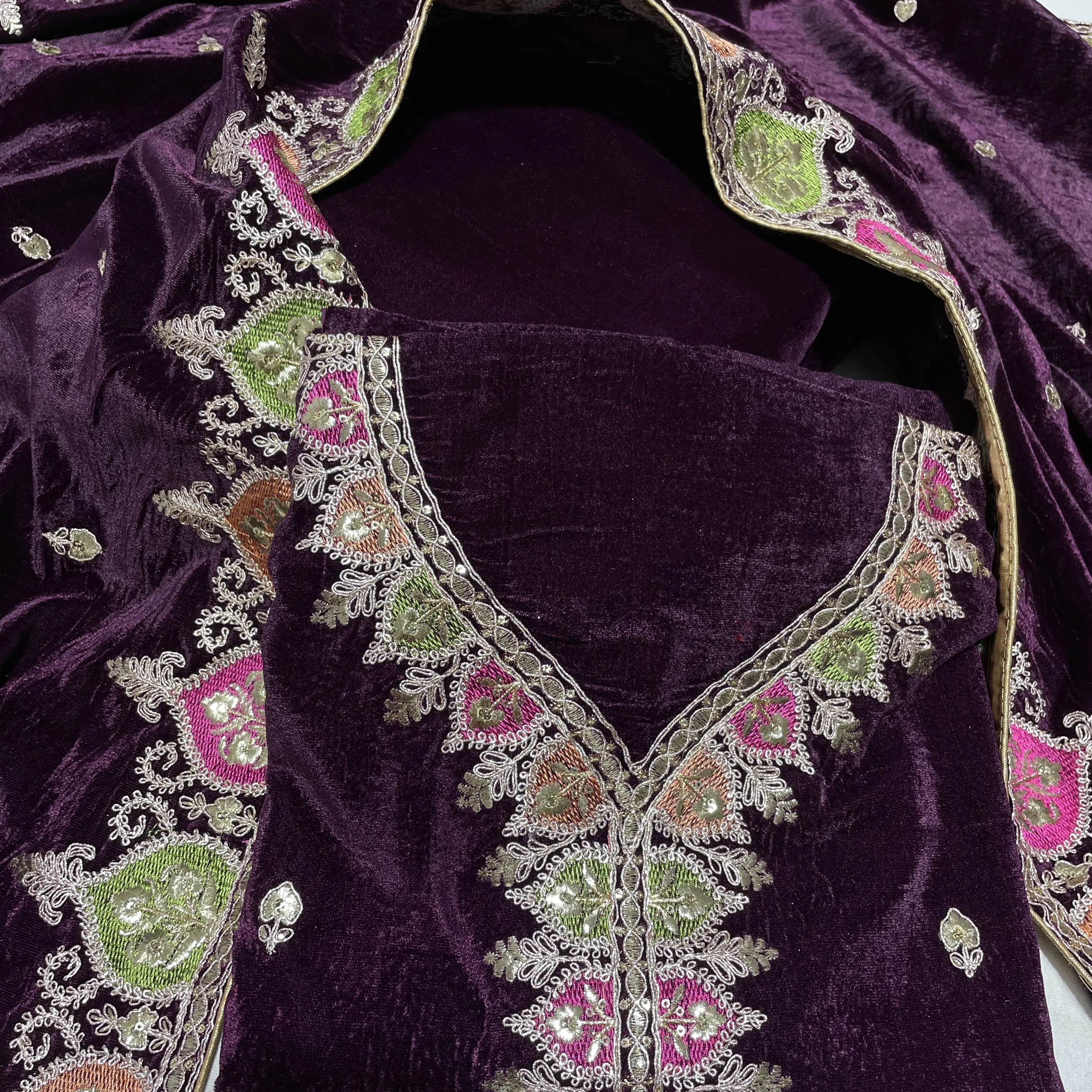 Premium Wine Multicolor Thread Sequins Embroidery Velvet Suit Set With Dupatta