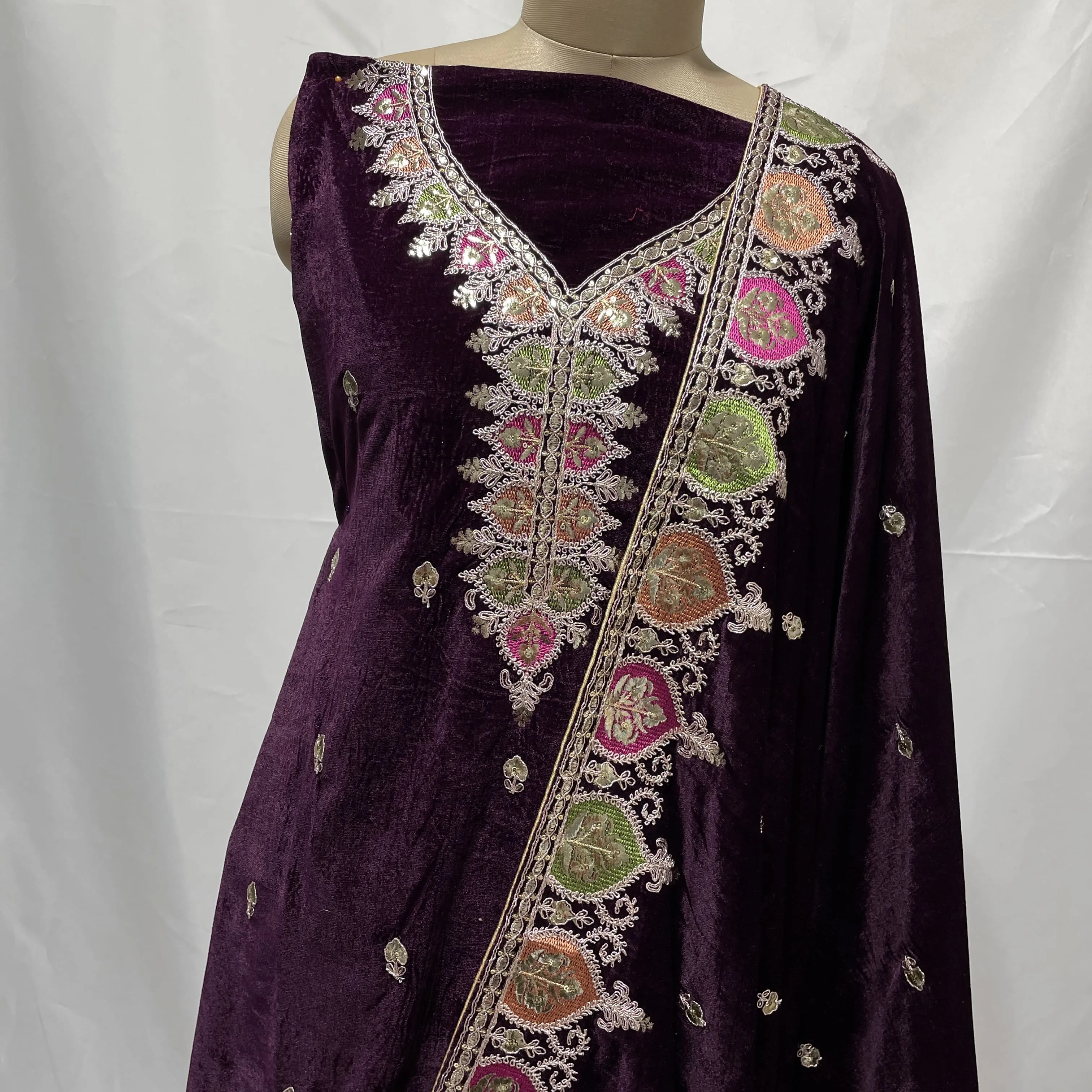 Premium Wine Multicolor Thread Sequins Embroidery Velvet Suit Set With Dupatta