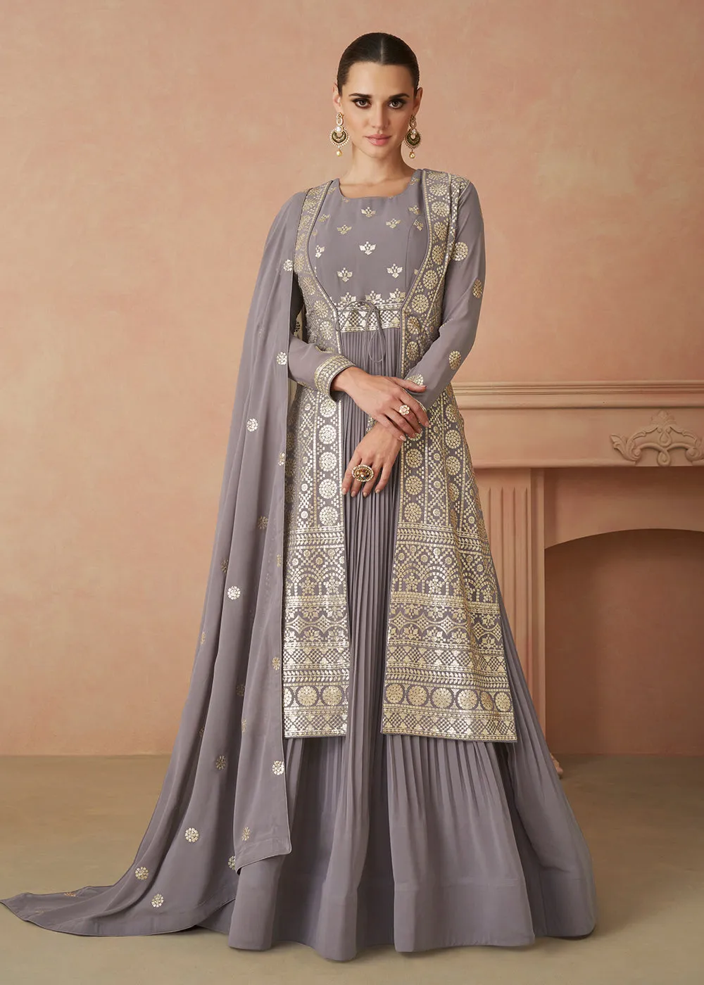 Pretty Grey Sequins Embroidered Georgette Designer Gown