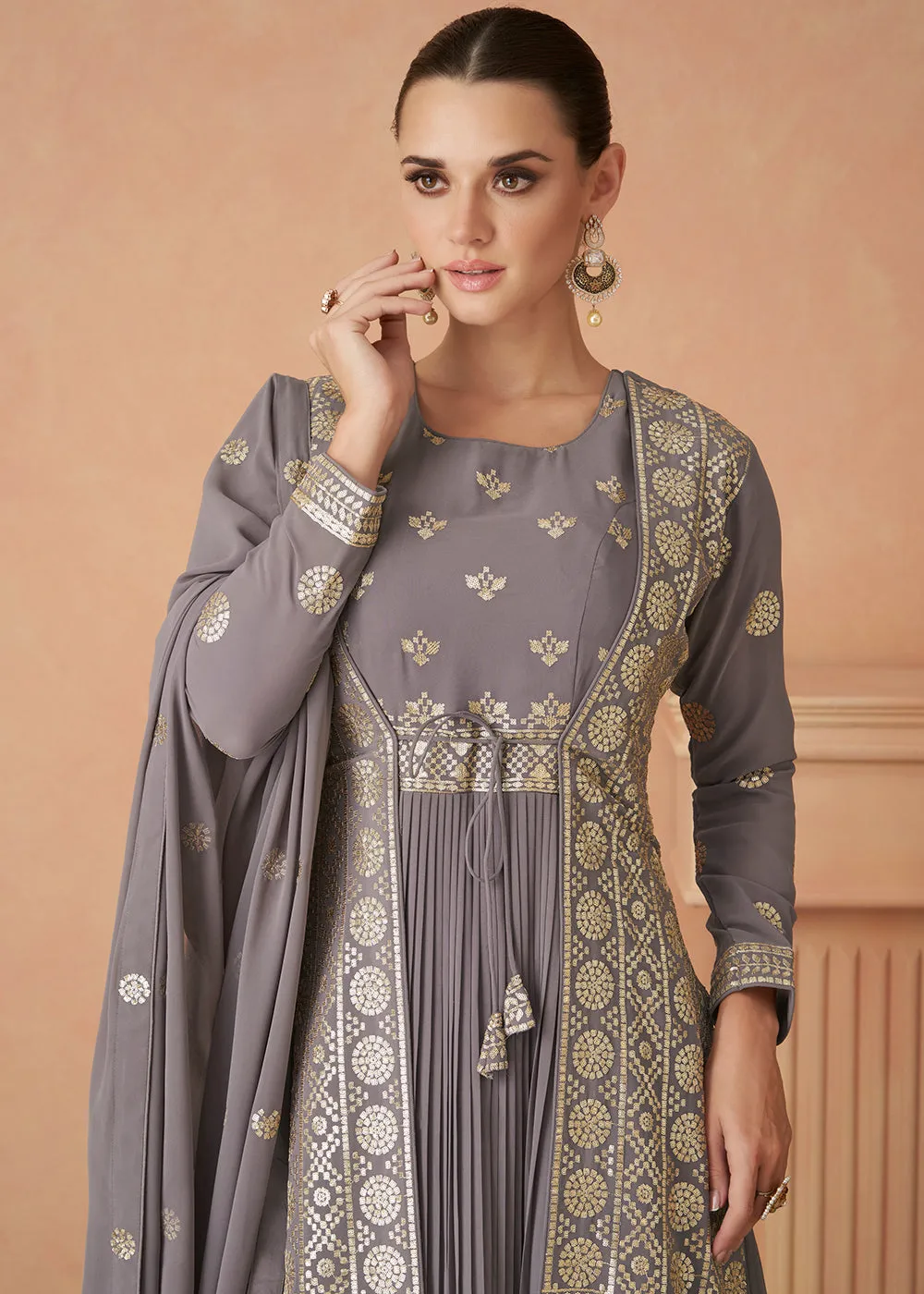 Pretty Grey Sequins Embroidered Georgette Designer Gown
