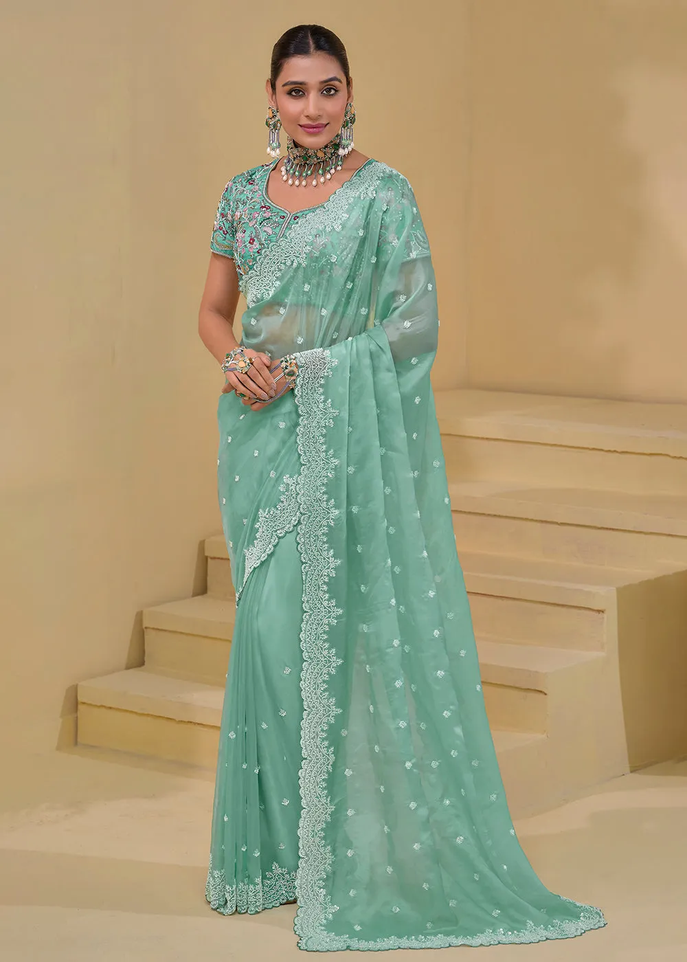 Sea Green Banarasi Silk Embroidered Designer Saree